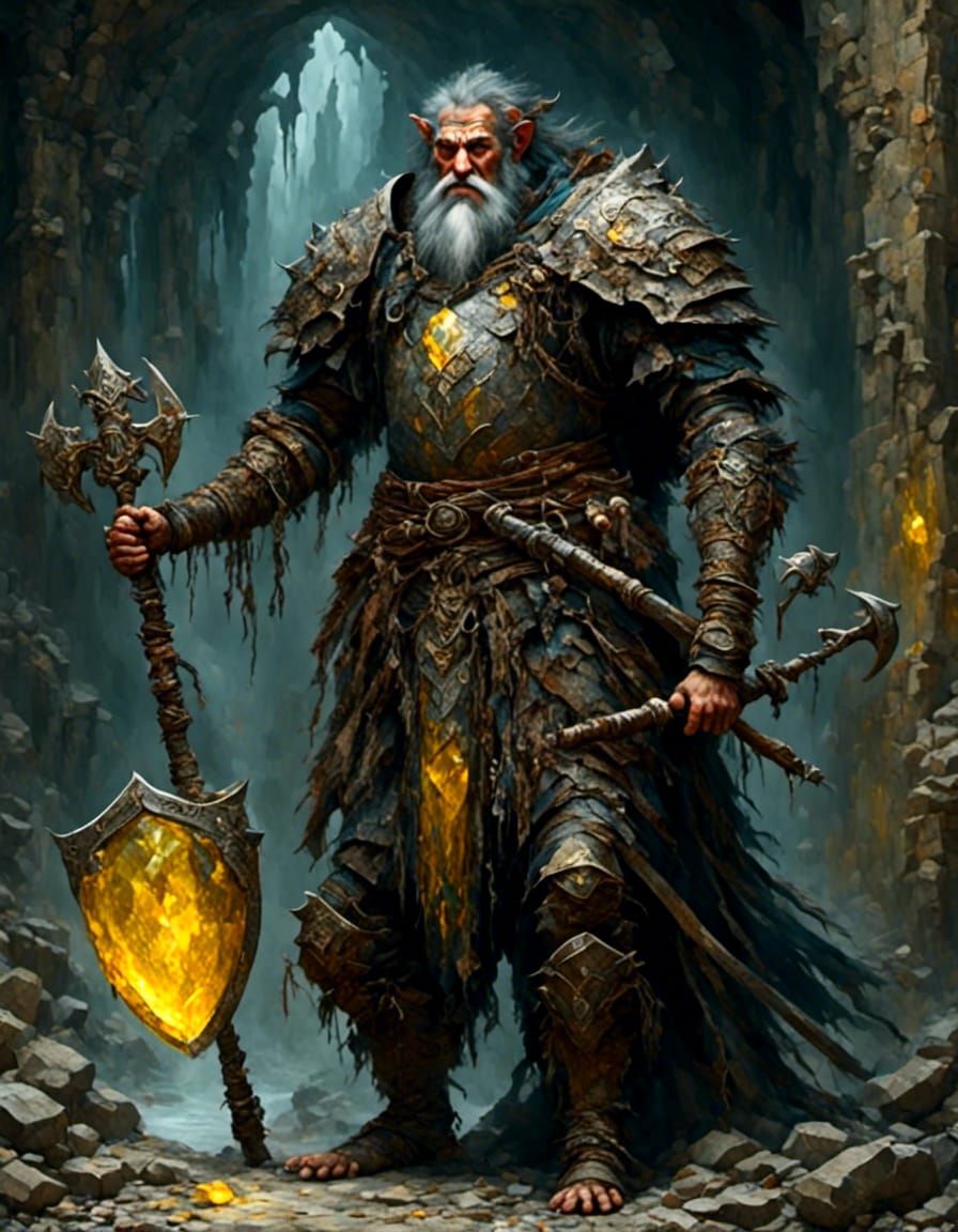 Stone Man in Armor with Crystal, Detailed Digital Art