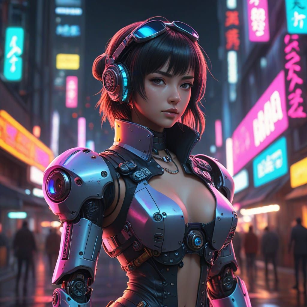 Steampunk Robot Woman in Cyberpunk Anime Style
