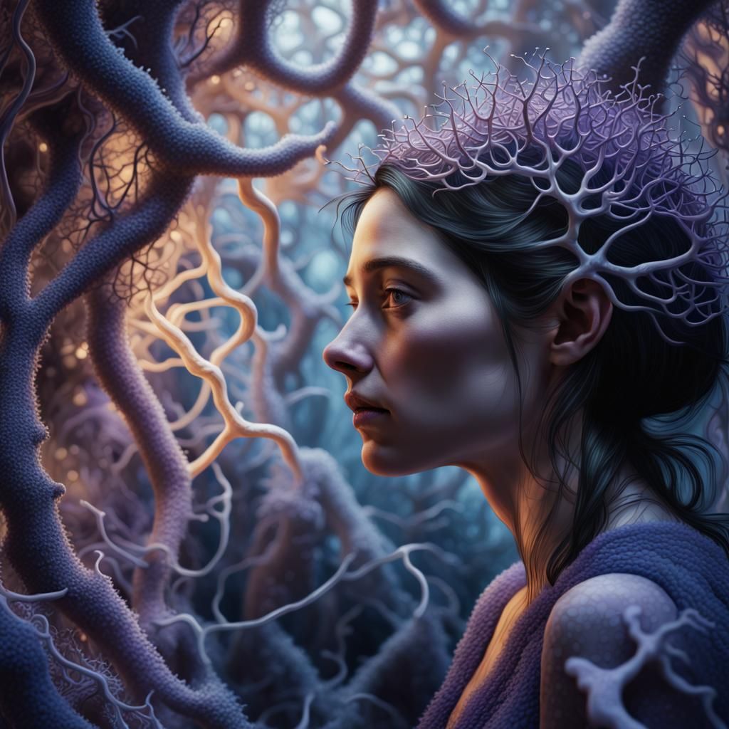 Mysterious Woman in Glowing Mycelium Network