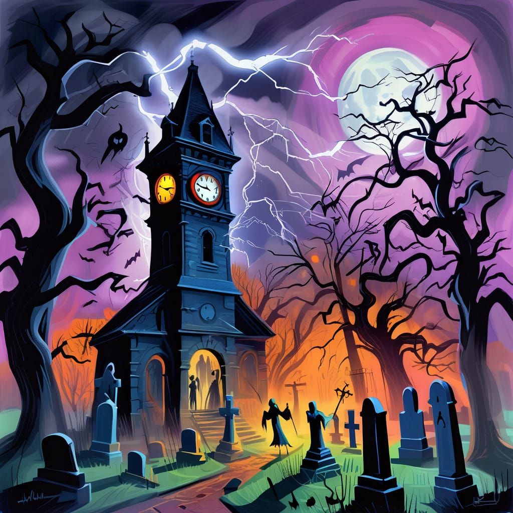 Haunted Clock Tower in Graveyard Illustration