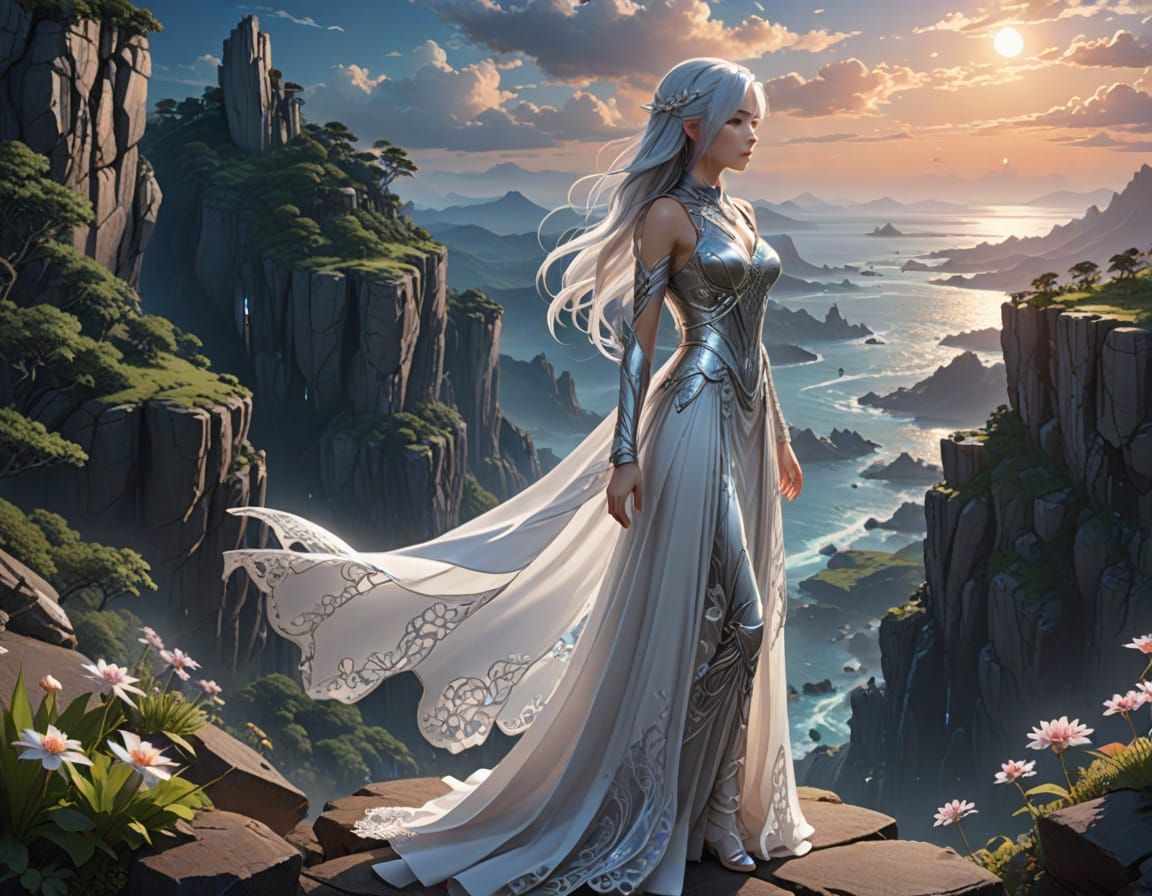 Anime Woman on Alien Cliff Under Ethereal Sky