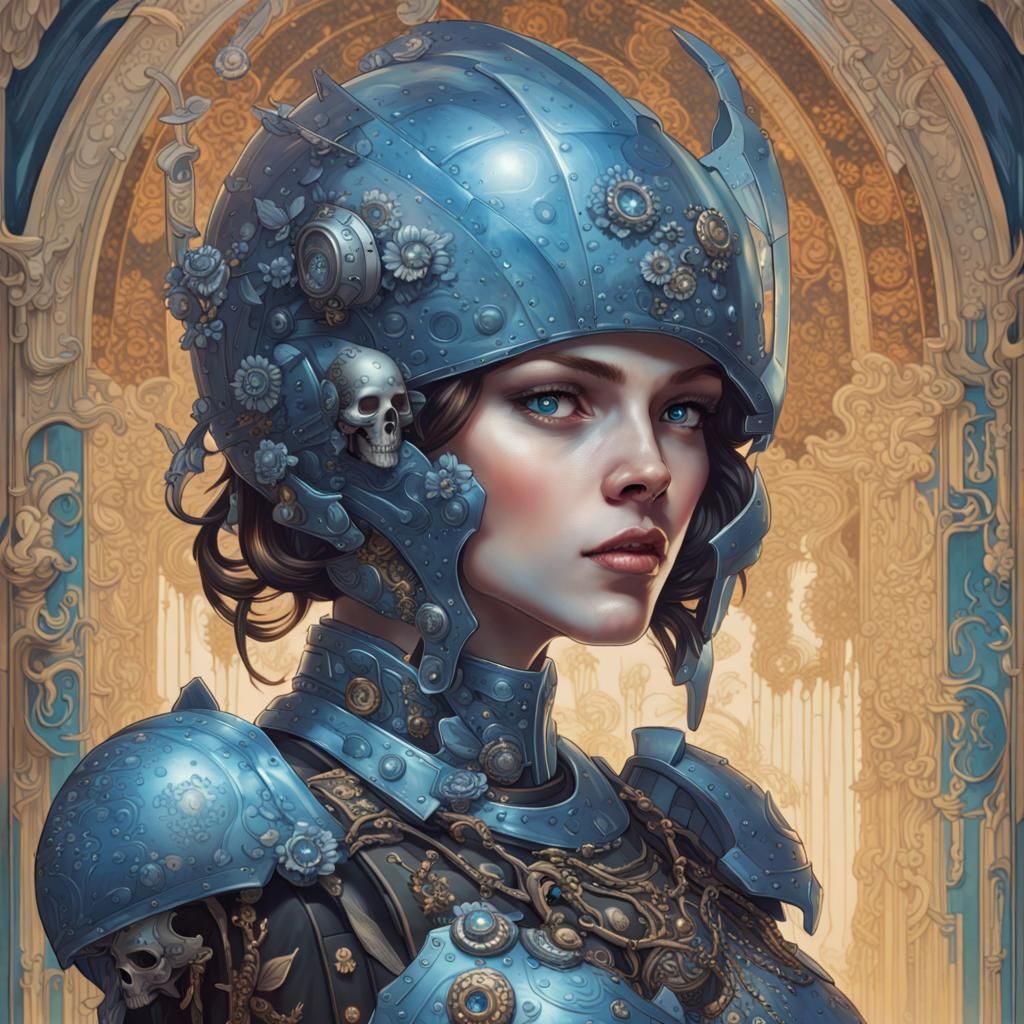 Brunette in Blue Armor with Glowing Skulls