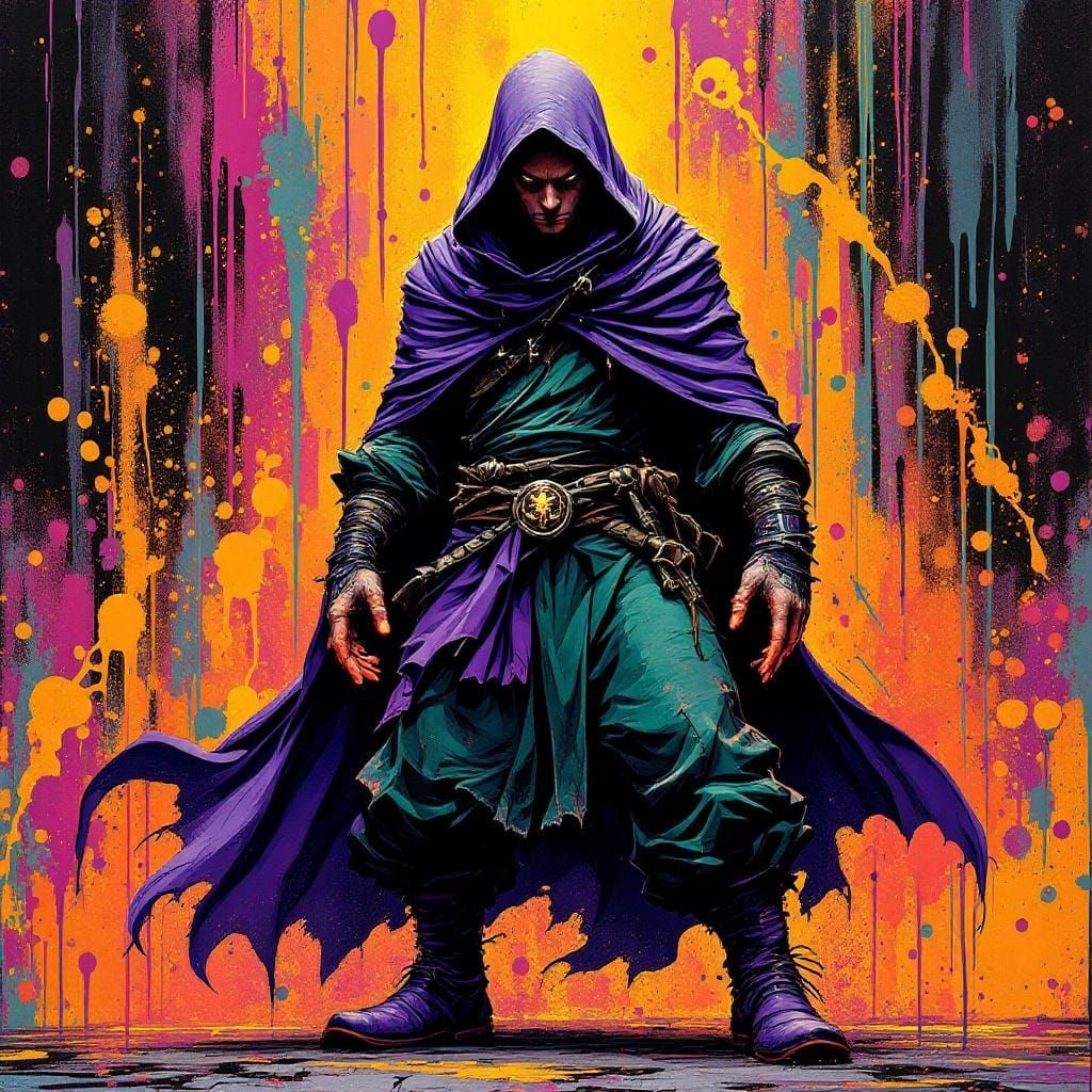 Vibrant Graffiti Art: Hooded Man with Glowing Hands