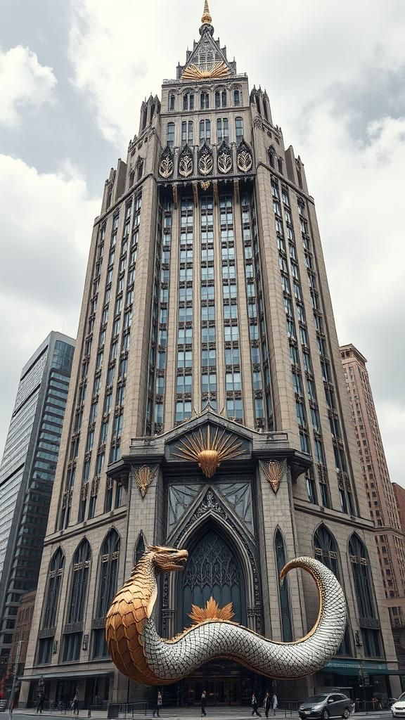 Art Deco Skyscraper with Dragon Sculpture