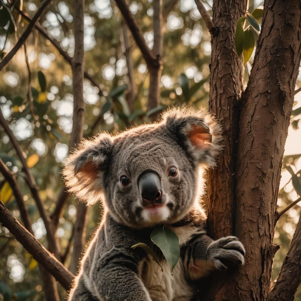 Cute Koala in Golden Light: Cinematic Film Still