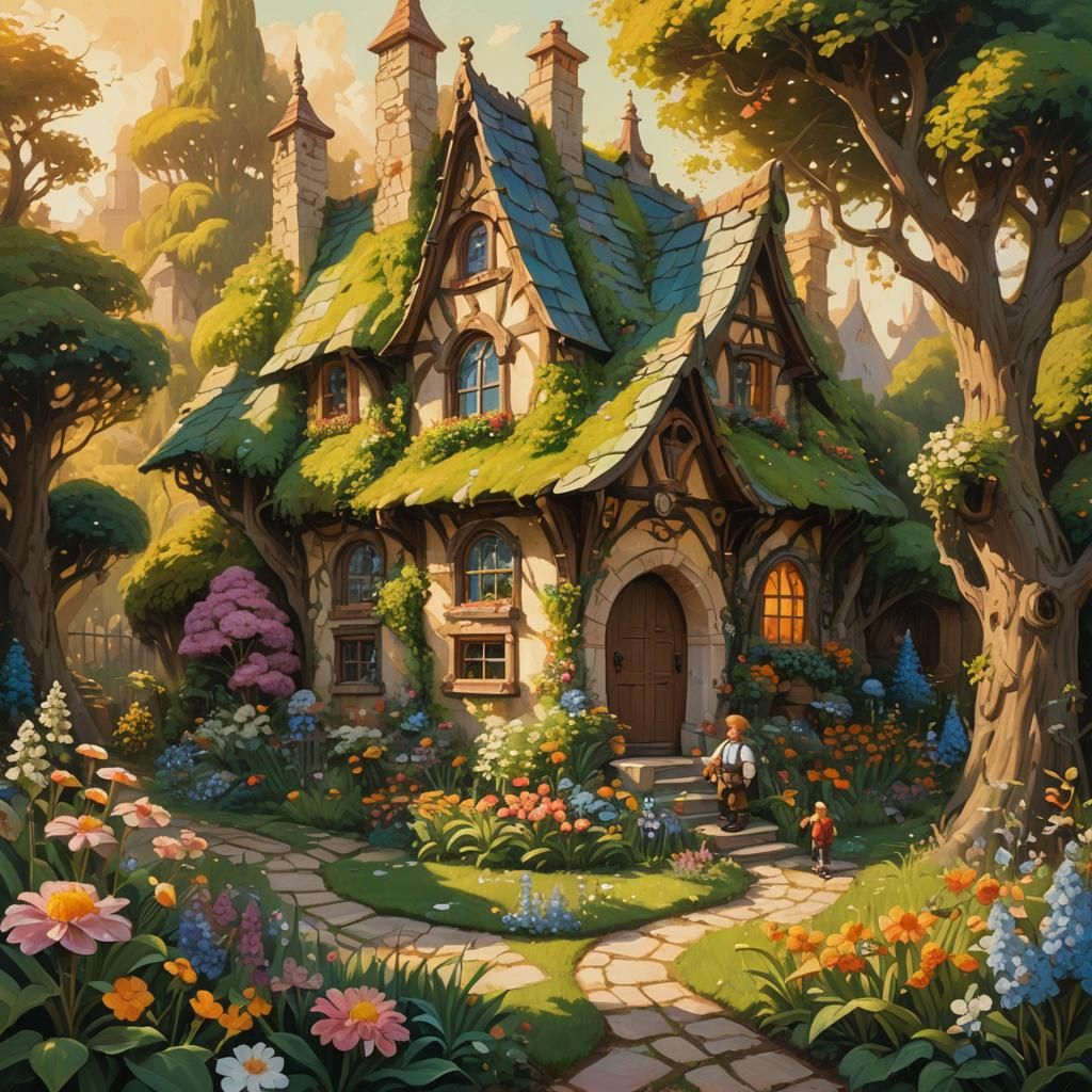 Whimsical Garden with Dwarves in Oil Painting Style