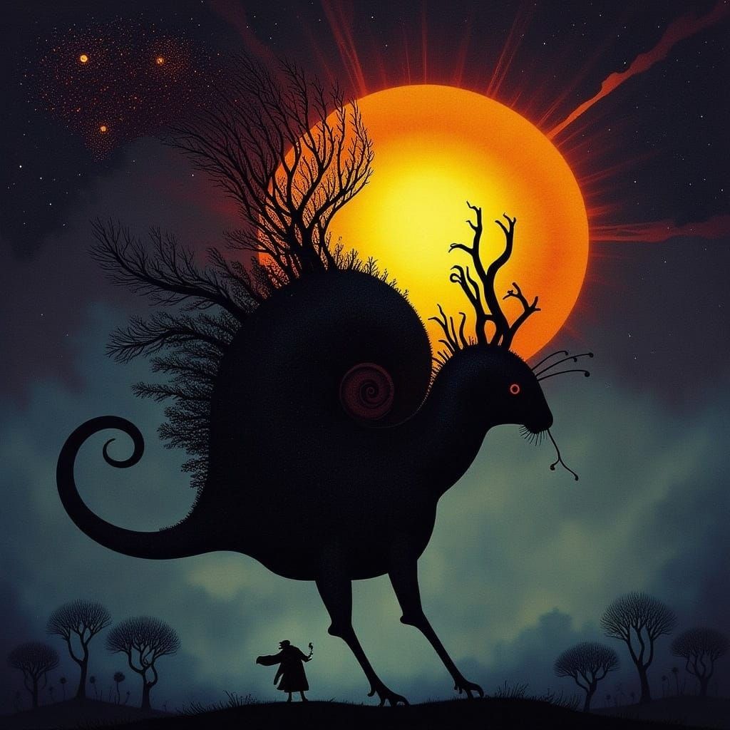 Amoeba Consumes Sun in Biomechanical Surrealism