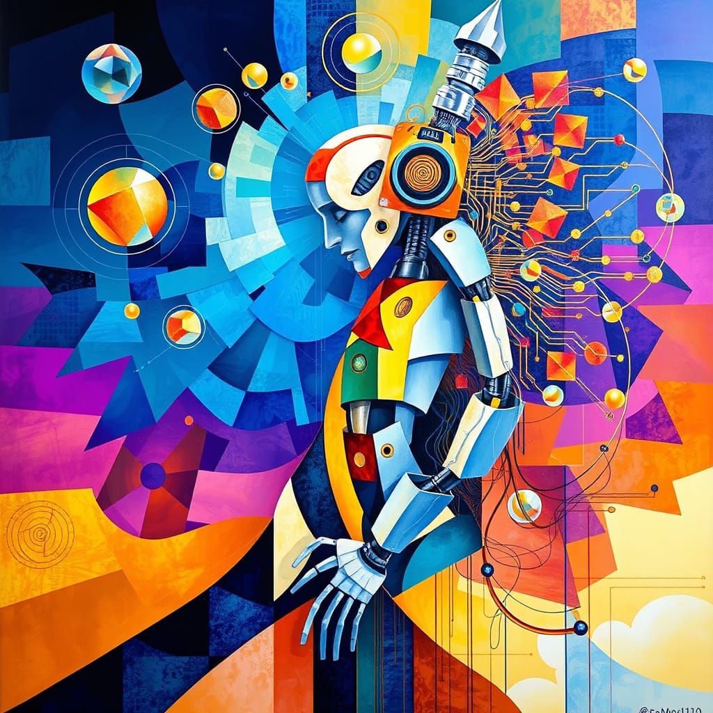 Spiritual Synthesis of Human and Machine in Vibrant Cubist R...