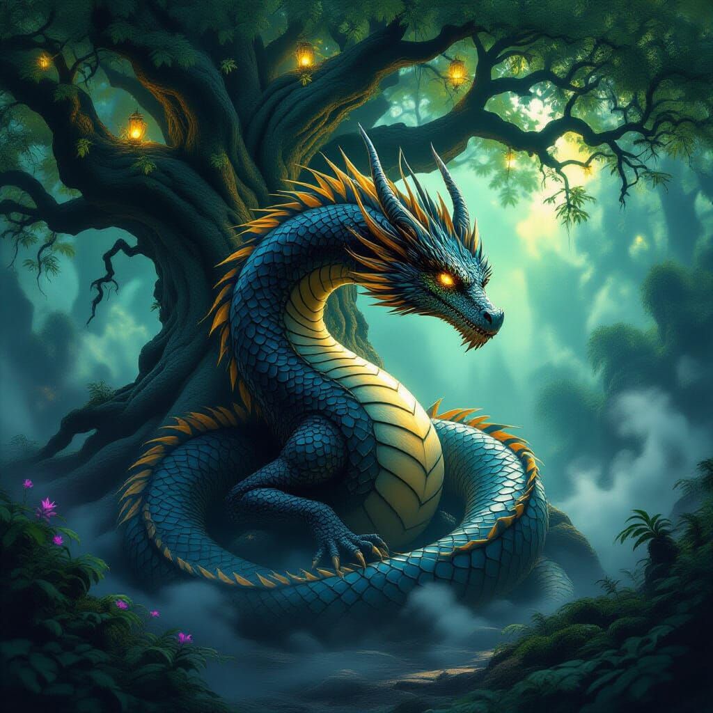 Majestic Obsidian Dragon Coiled Around Ancient Tree