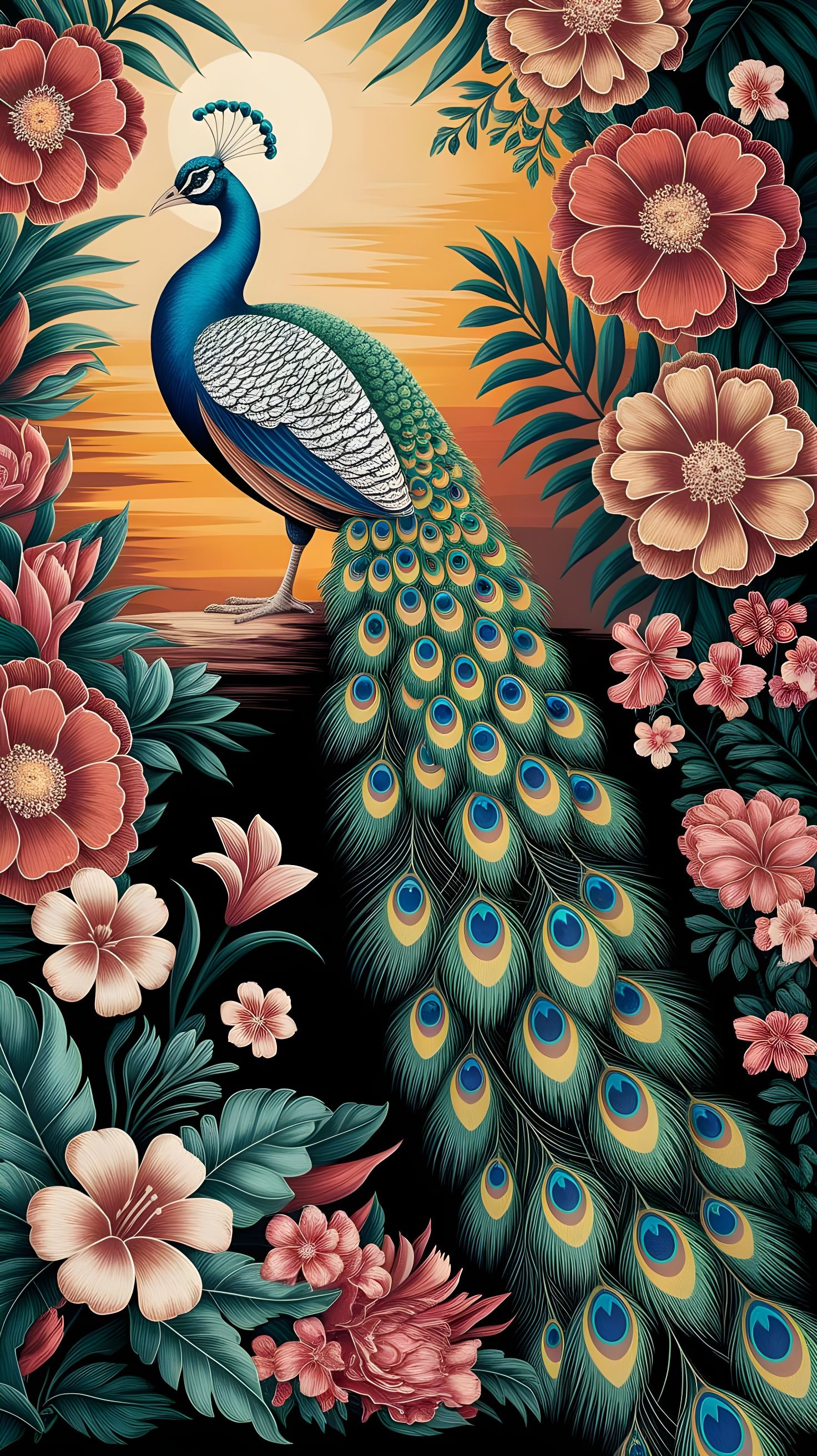 Majestic Peacock in Botanical Garden, Oil Painting