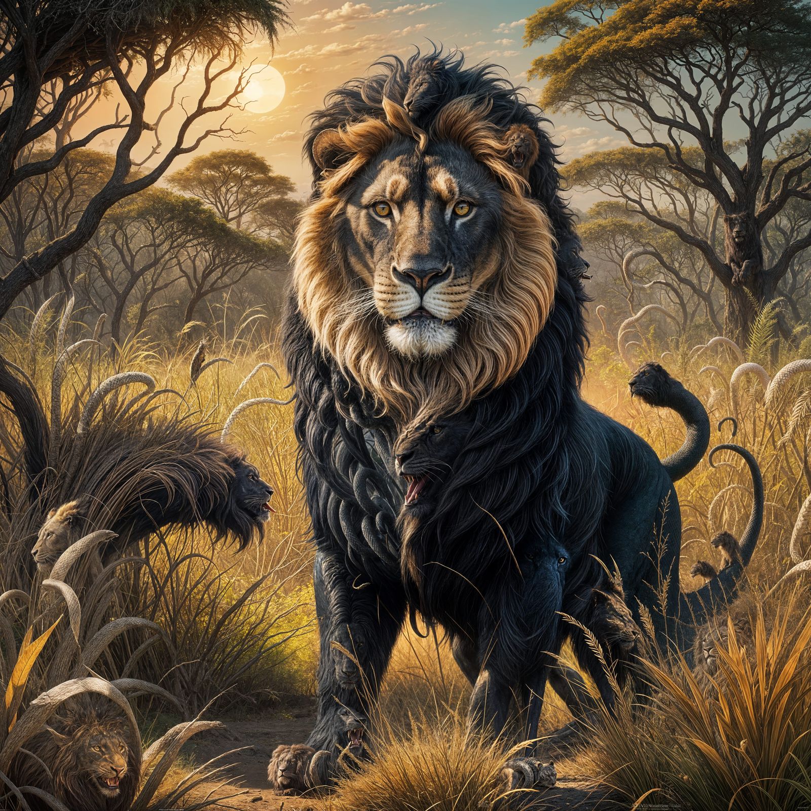 Black Lion with Snakes: Detailed Matte Painting
