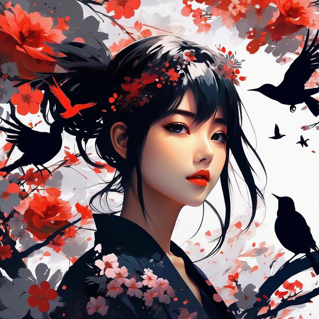 Anime Girl Silhouette with Floral Birds