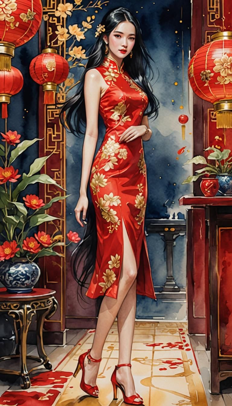 Asian Woman in Red Cheongsam at Night