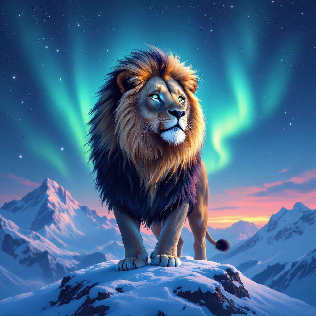 Starlight Lion on Snowy Peak with Aurora, in Ethereal Style