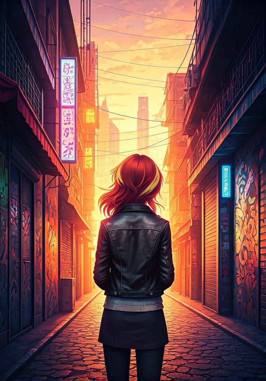 Sunset Shimmer in Cyberpunk Alleyway, Anime Style