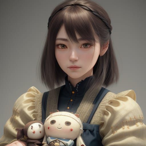 Surreal Anime Doll in Cozy Vintage Setting