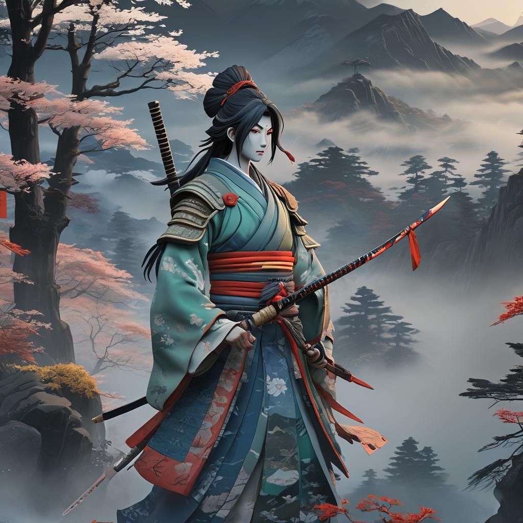 Heroic Warrior in Ukiyo-e Inspired Anime Art