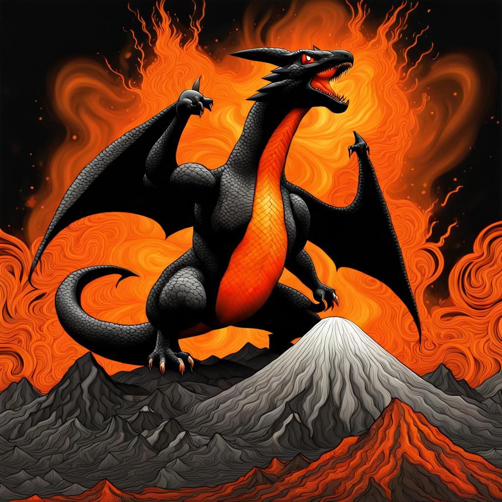 Hyperrealistic Charizard Before Erupting Volcano in HDR