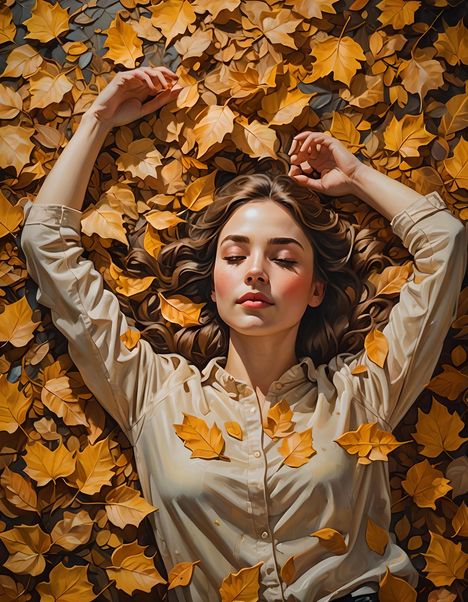 Autumnal Woman in Landscape with Crimson Sunset