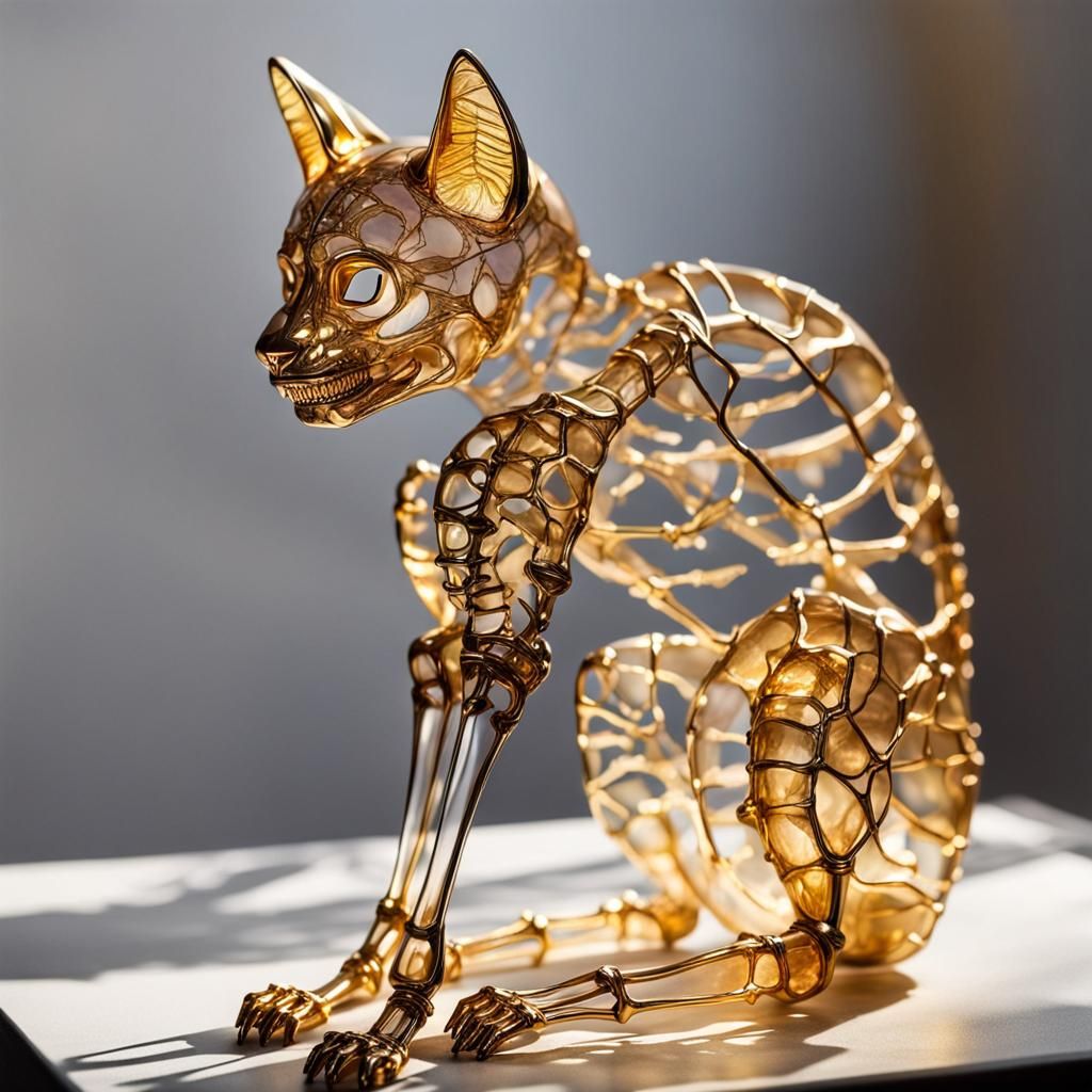 Ametrine and Gold Cat Skeleton Sculpture