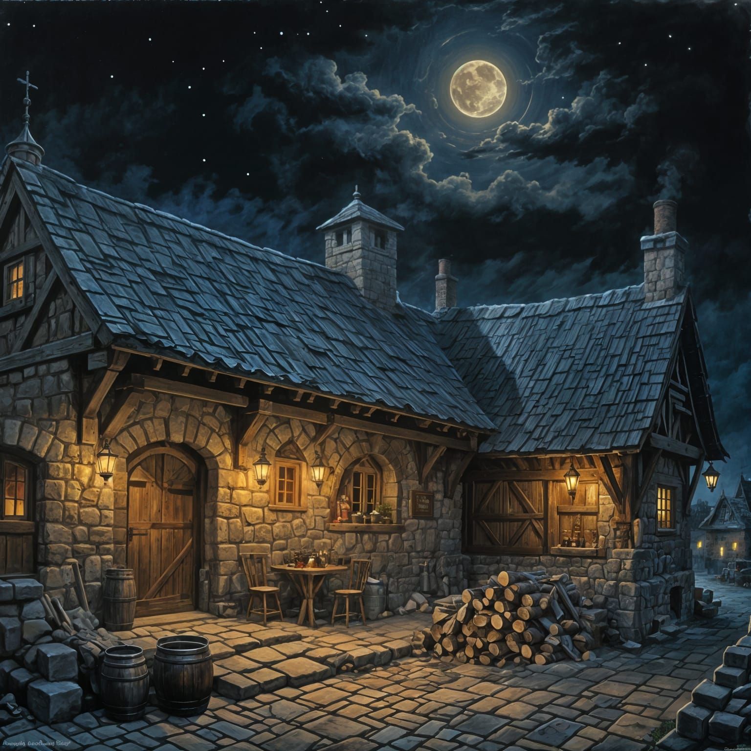 Medieval Tavern at Night in Fantasy Oil Painting