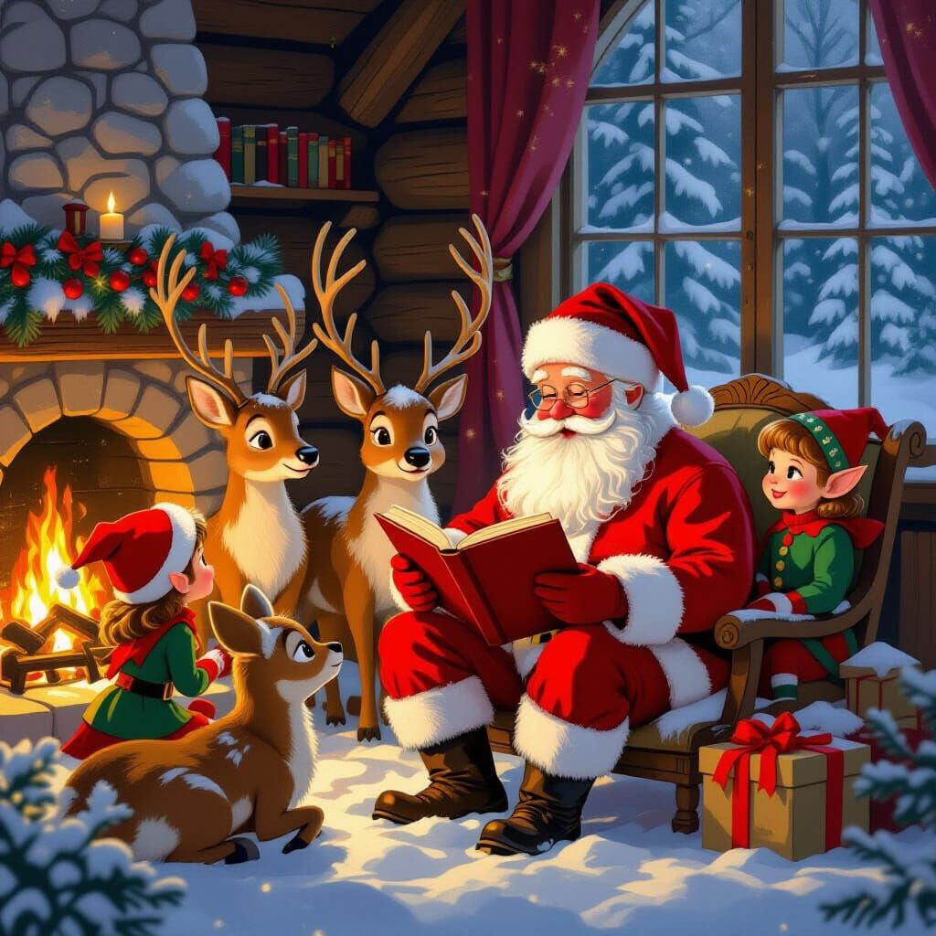 Santa Reading to Elves and Reindeer by Firelight