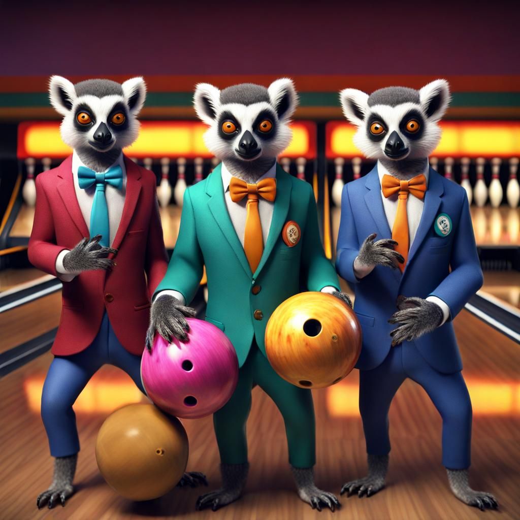 Lemurs Bowling Strike in Detailed Matte Painting