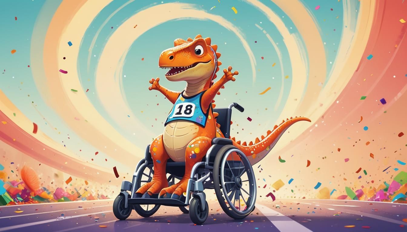 Cartoon T-Rex Wins Race in Wheelchair