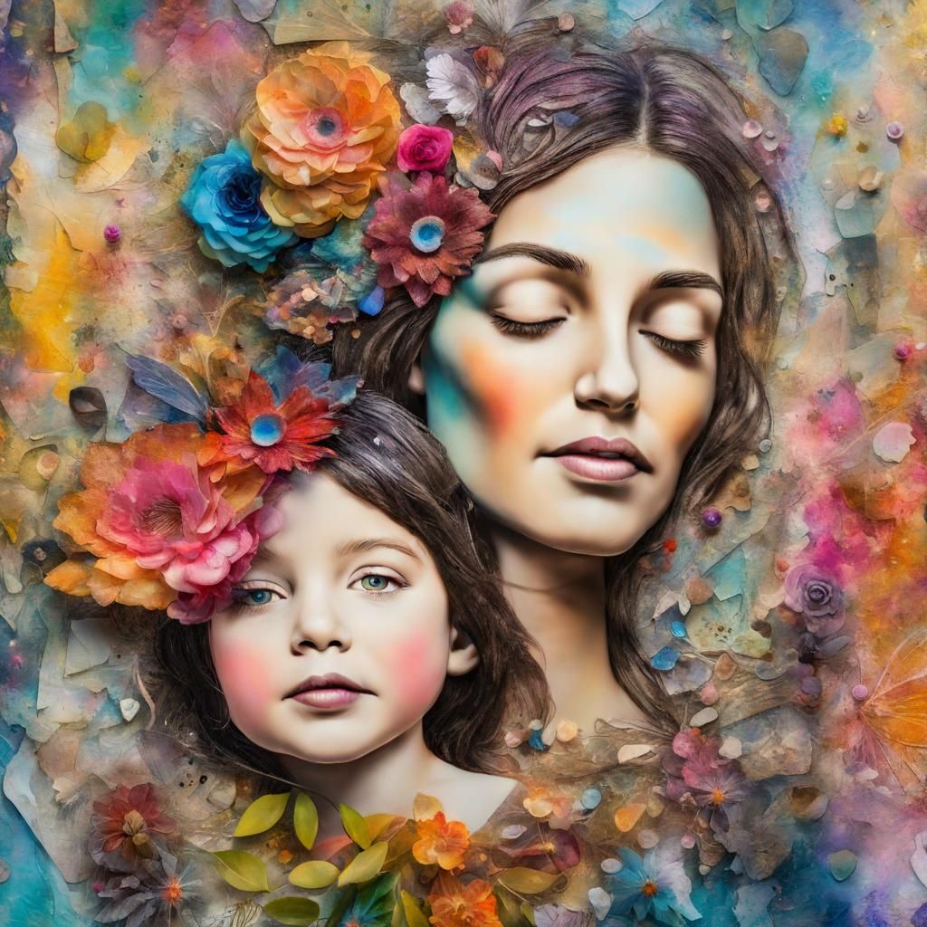 Whimsical Mother's Love in Mixed Media Art