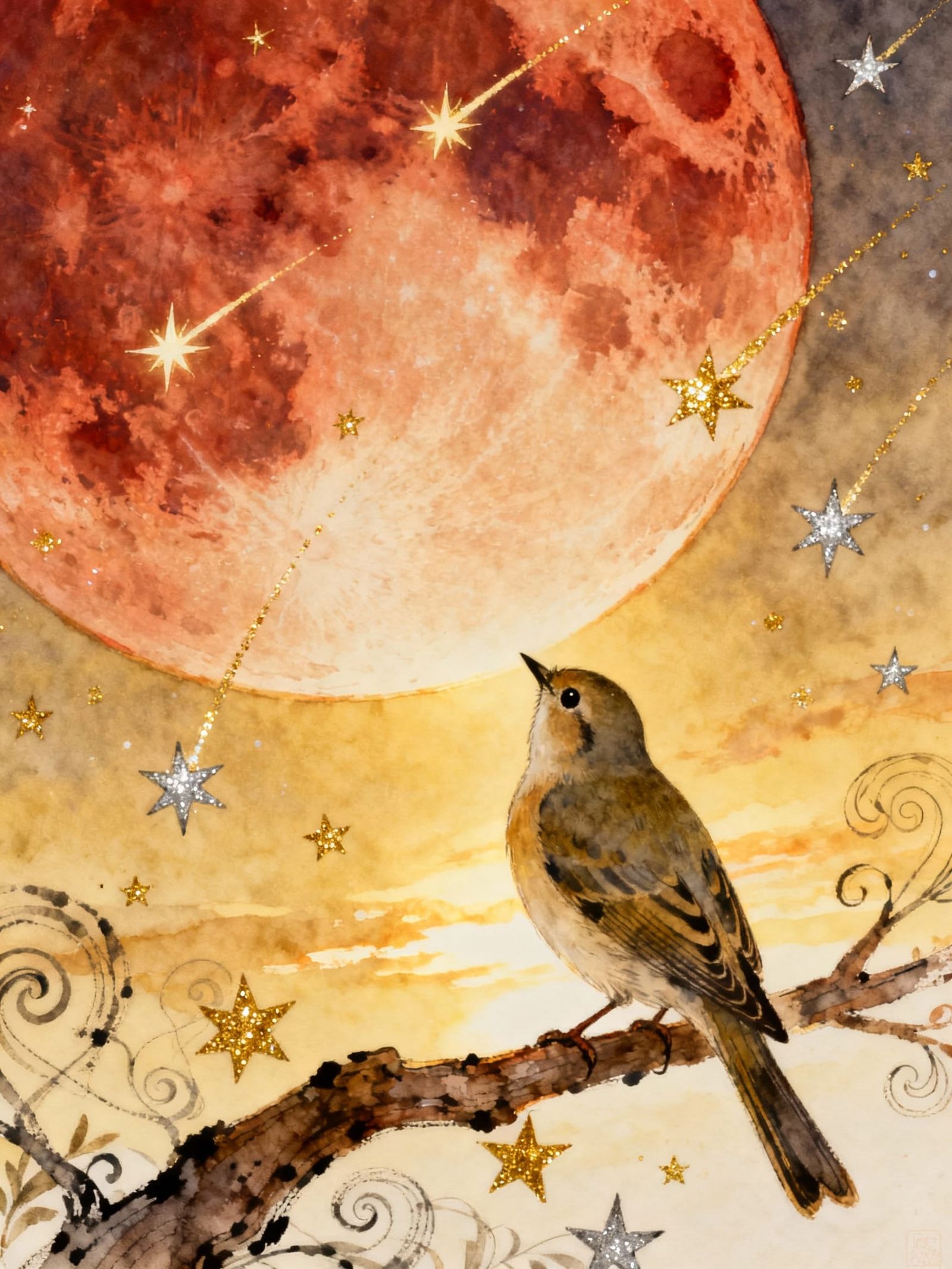 Bird Gazes at Blood Moon with Shooting Stars