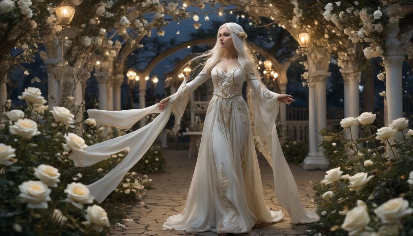 Elf Dances in Rose Garden Under Moonlight