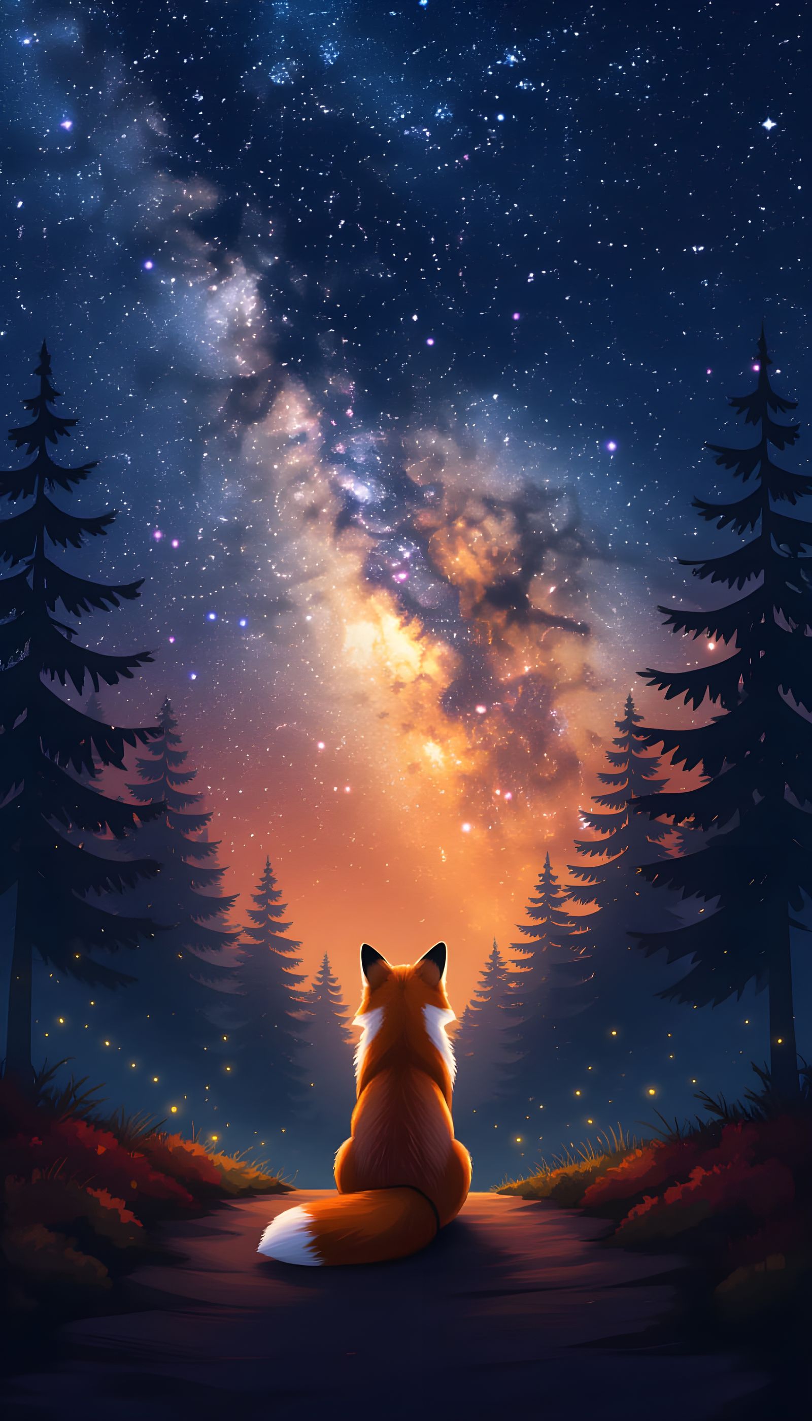 Red Fox Gazing at Starry Galaxy Sky
