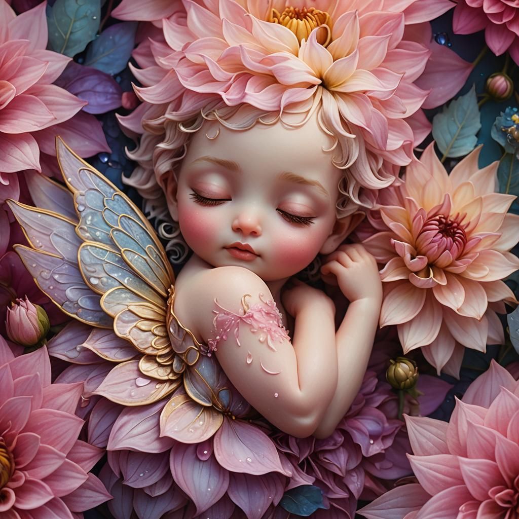 Sleeping Fairy in Dahlia, Fantasy Concept Art