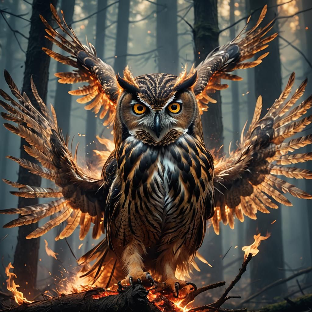 Surreal Exploding Owl in Misty Forest