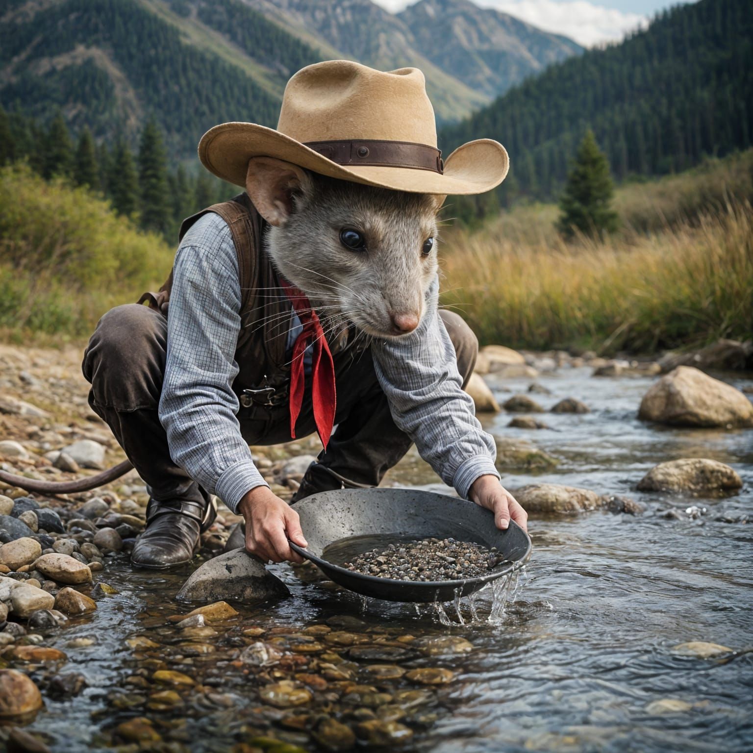 Old West Mouse Panning for Gold in Rocky Mountains
