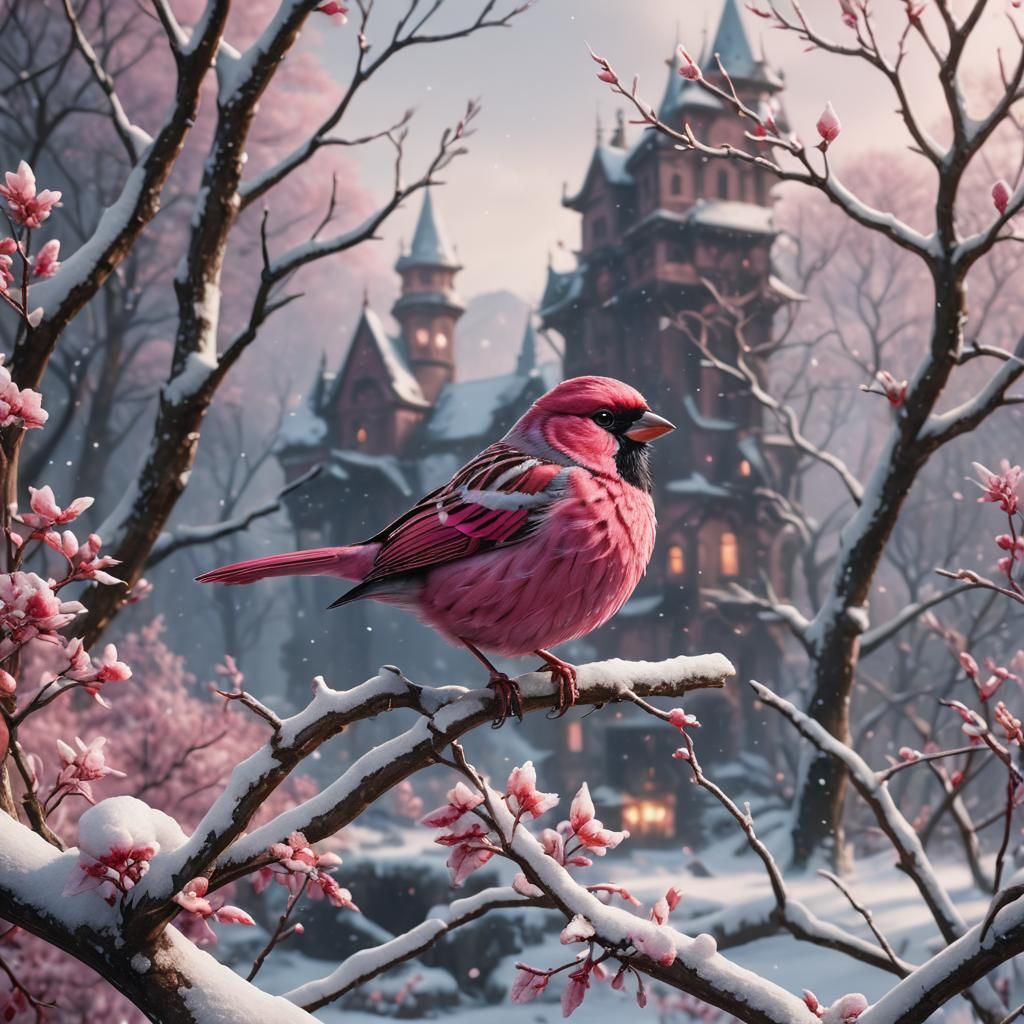 Pink Sparrow in Snow: Detailed Matte Painting