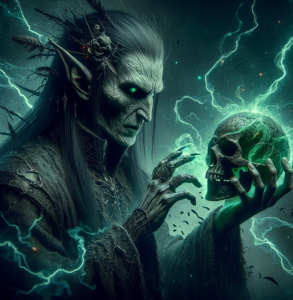 Dark Elf Sorcerer Grips Skull in Matte Painting
