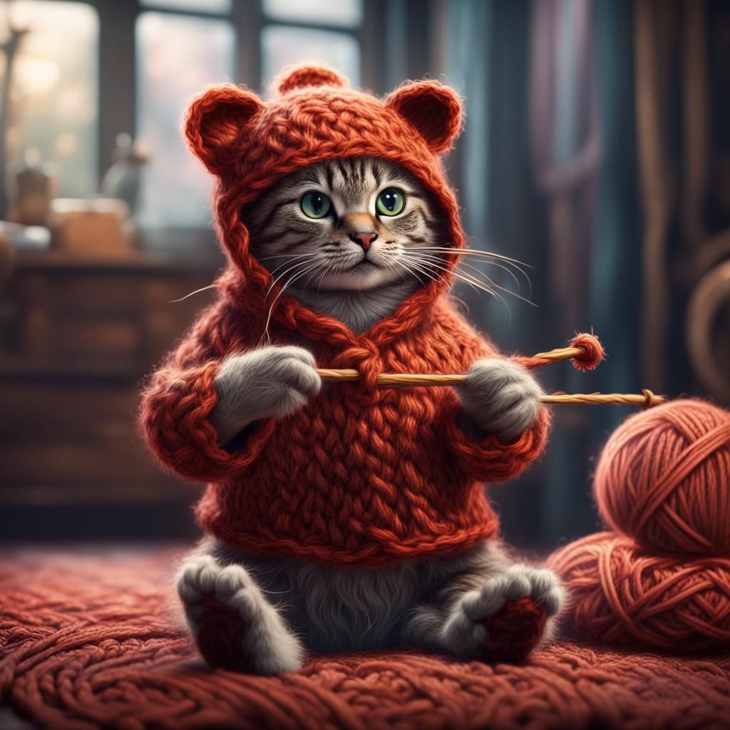Cat Knitting in Teddy Bear Costume