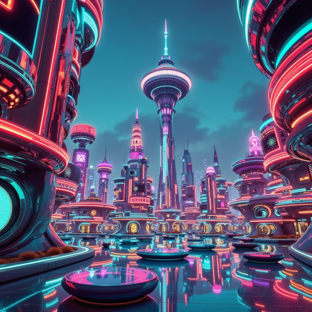 Googie Style Futuristic Cityscape with Neon Lights