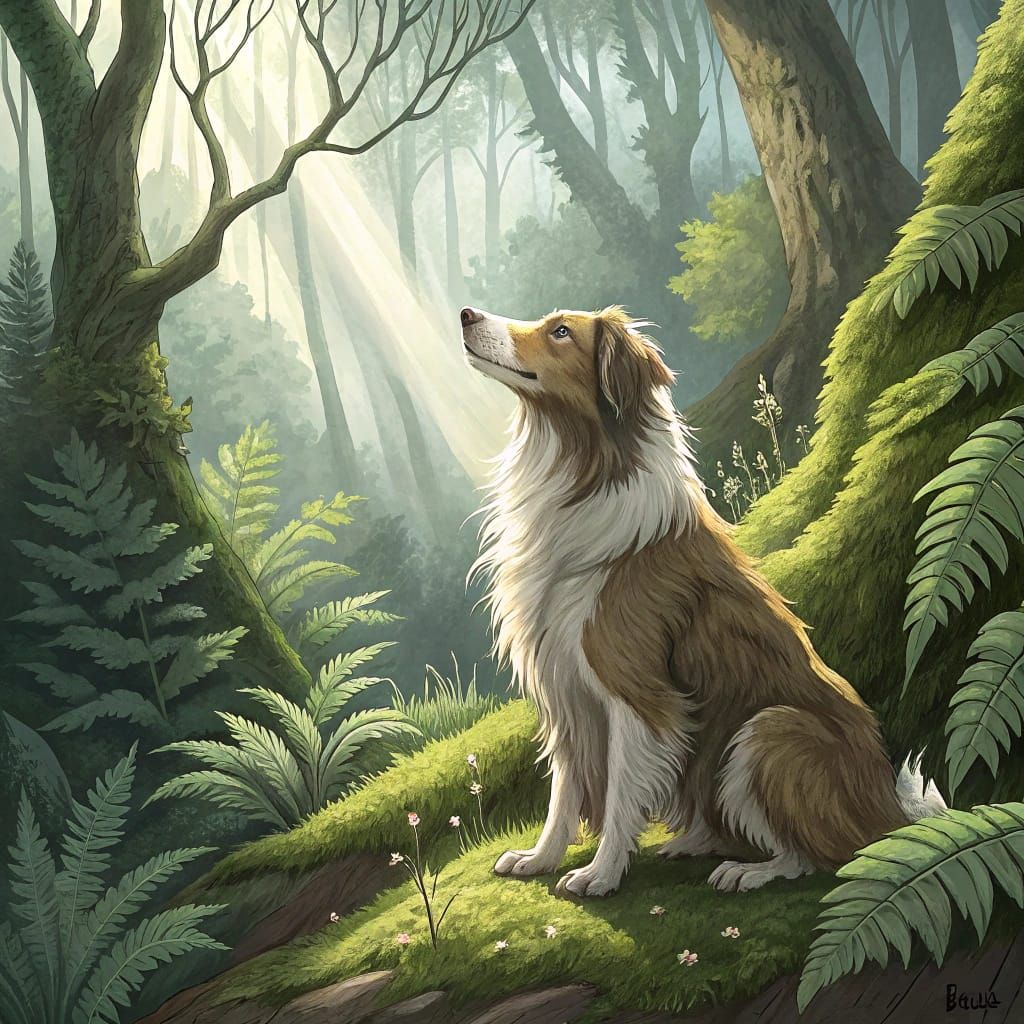Contemplative Border Collie in Forest, Digital Illustration