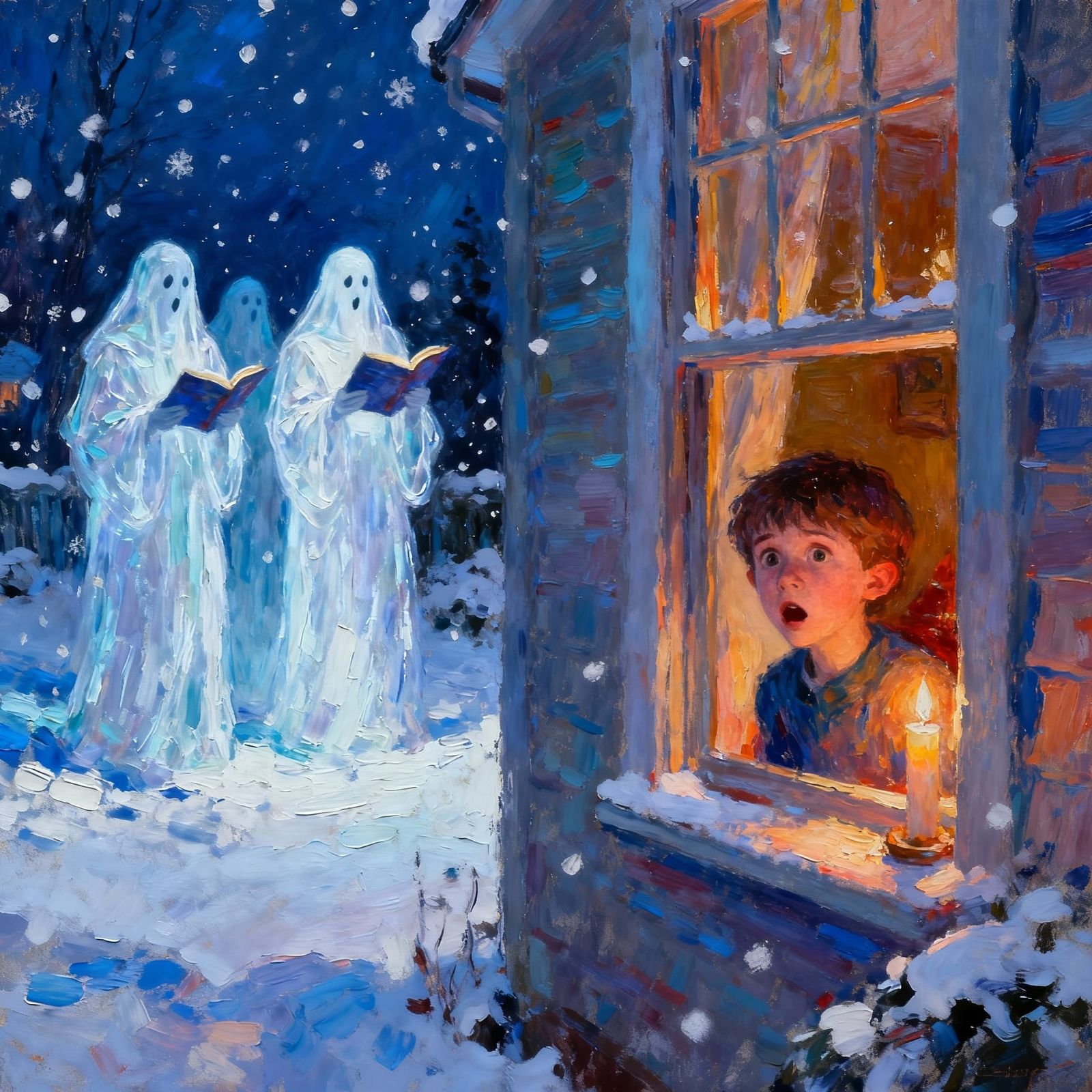 Ghostly Carolers Sing to Scared Child in Snowy Night