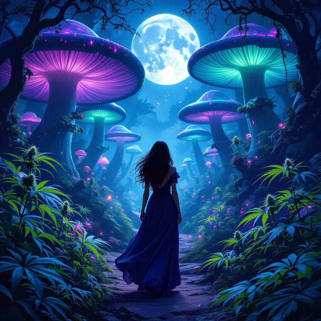 Mystical Forest Journey: Woman Among Bioluminescent Mushroom...