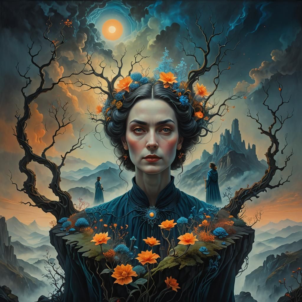 Surreal Woman with Bioluminescent Flower in Dreamscape