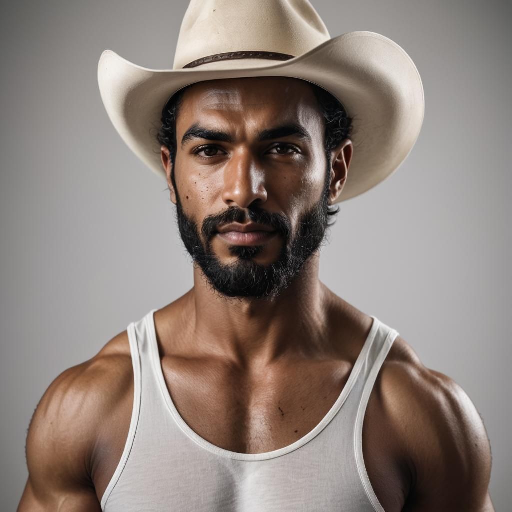 Muscular Middle Eastern Man in Cowboy Hat Portrait