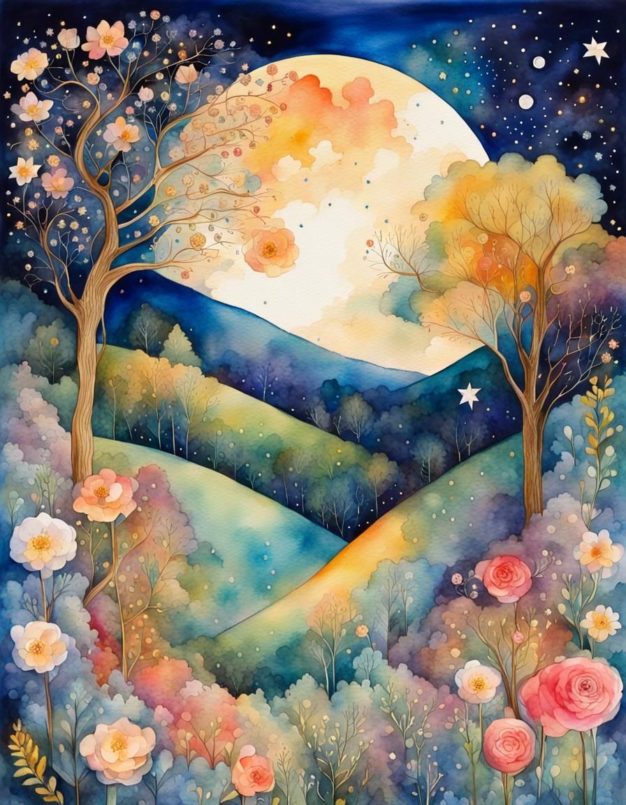 Night Blooming Garden in Vivid Watercolor Landscape