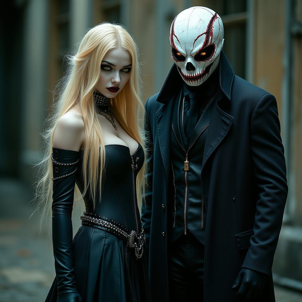 Mysterious Victorian Gothic Beauty with Grotesque Companion