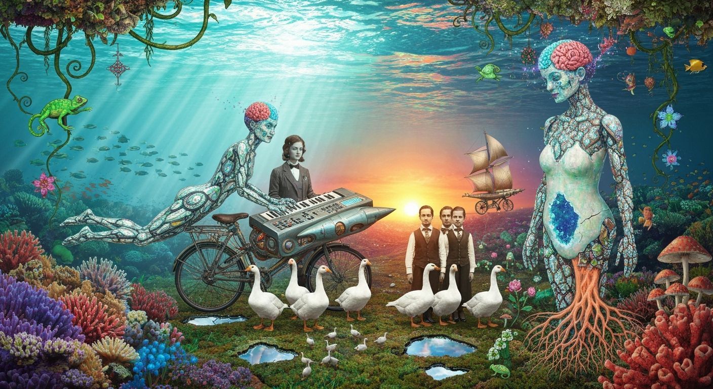 Surreal Underwater Fractal Figure with Cosmic Galaxy Scene