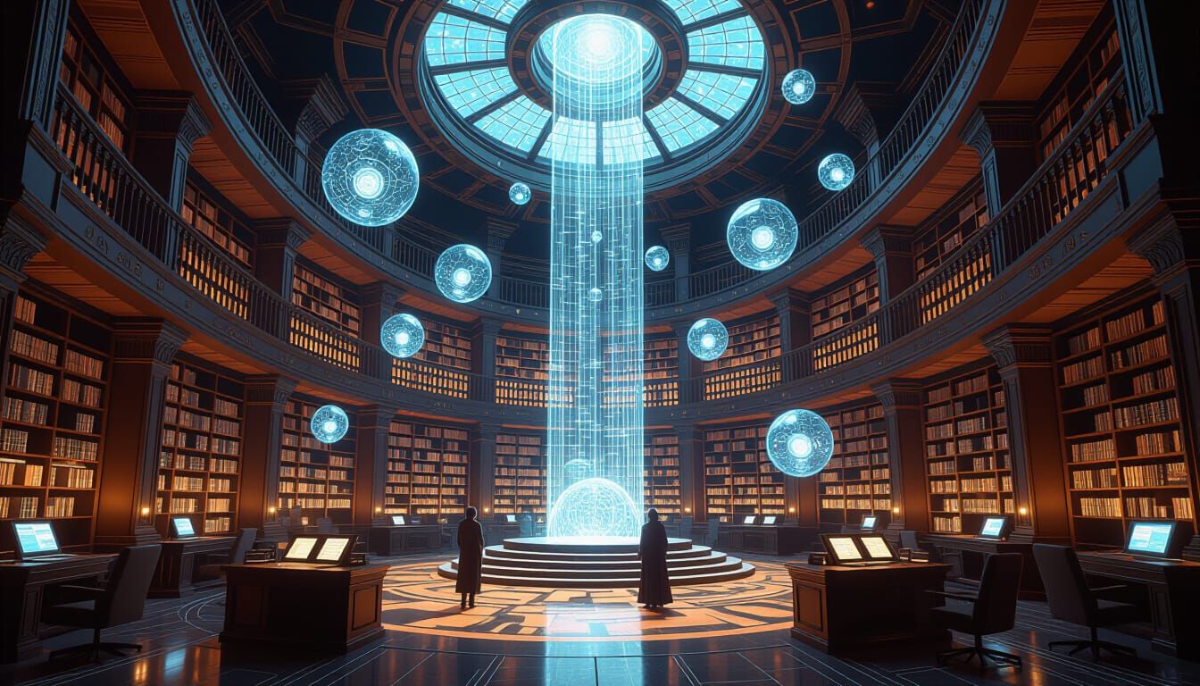 Futuristic Library with Floating Shelves in High-Tech Style