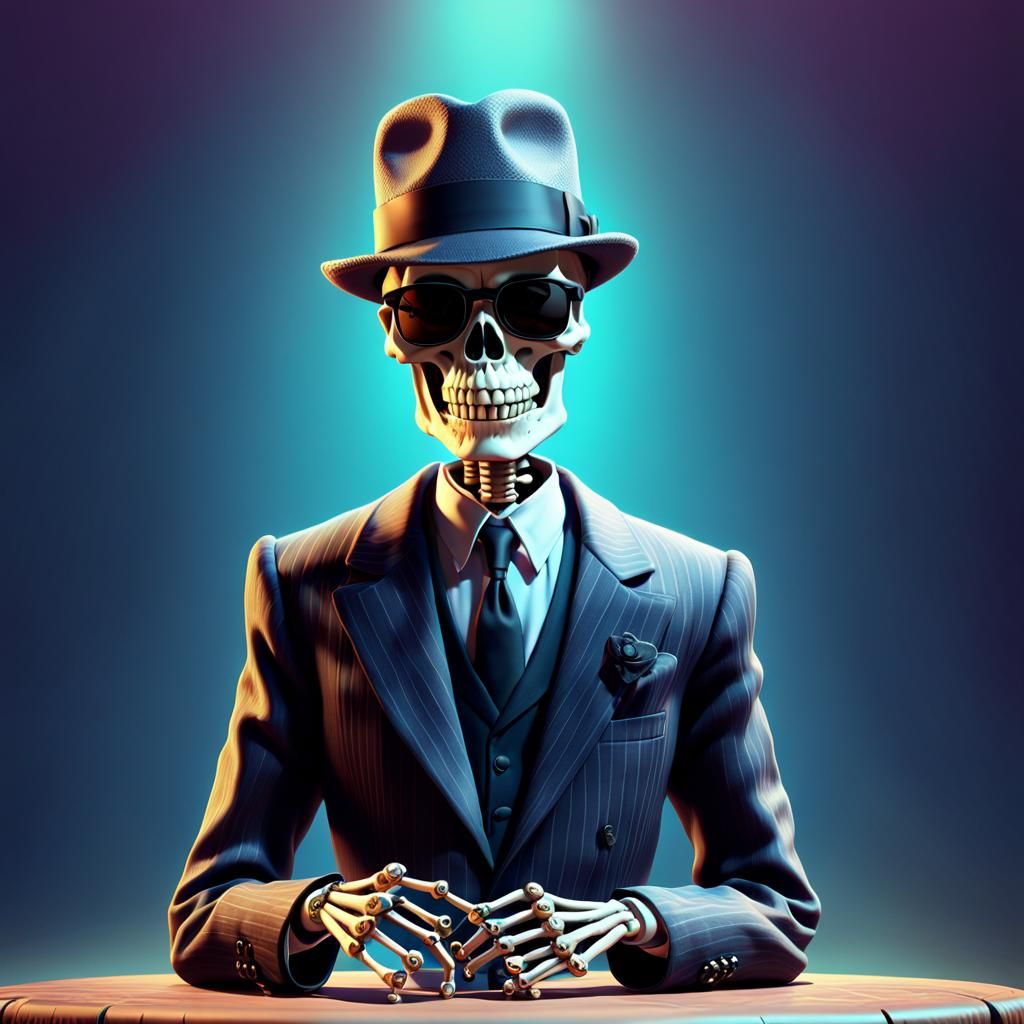 Skeleton Mobster in Sunglasses as 3D Art