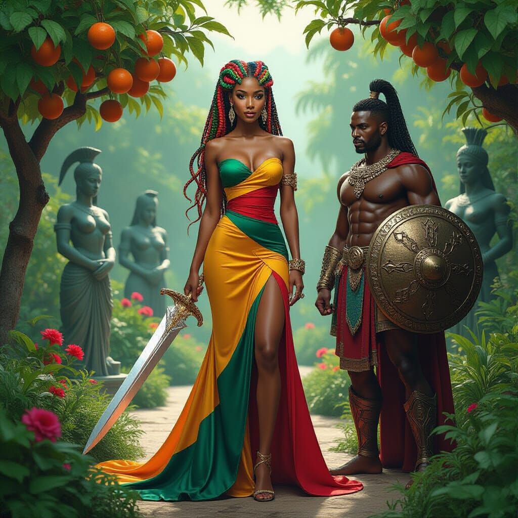 Serpent-Haired Warrior Queen in Overgrown Garden